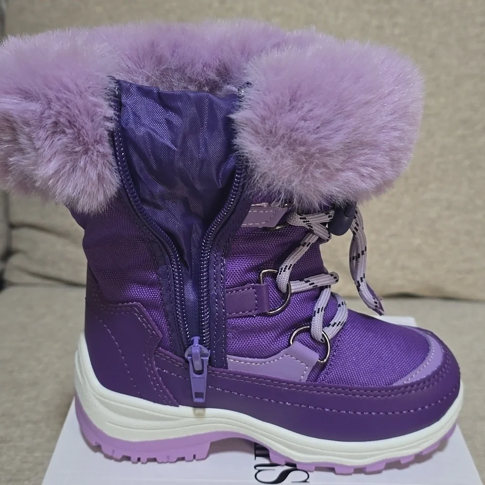 Purple Snow Boots Faux Fur Lined Mid-Calf   Slip Restiant Boots